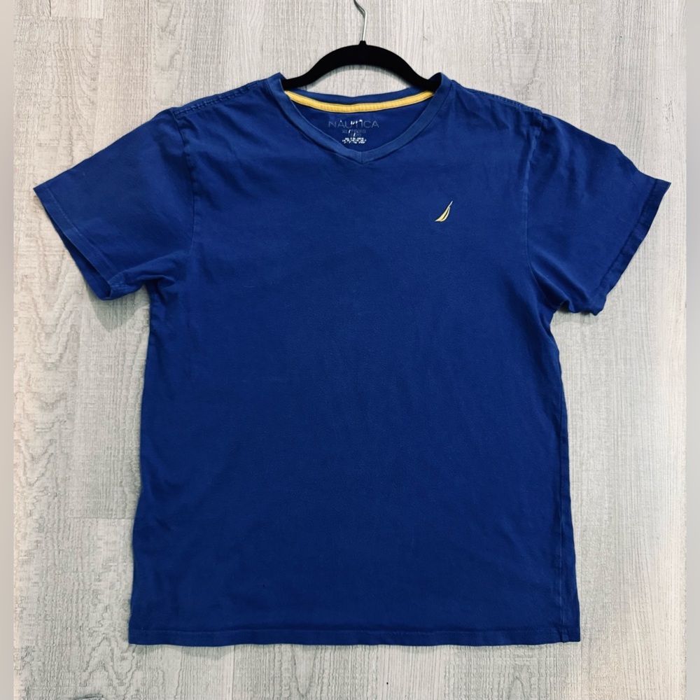 Nautica Blue V-Neck Short Sleeve T-Shirt. With Yellow Logo.